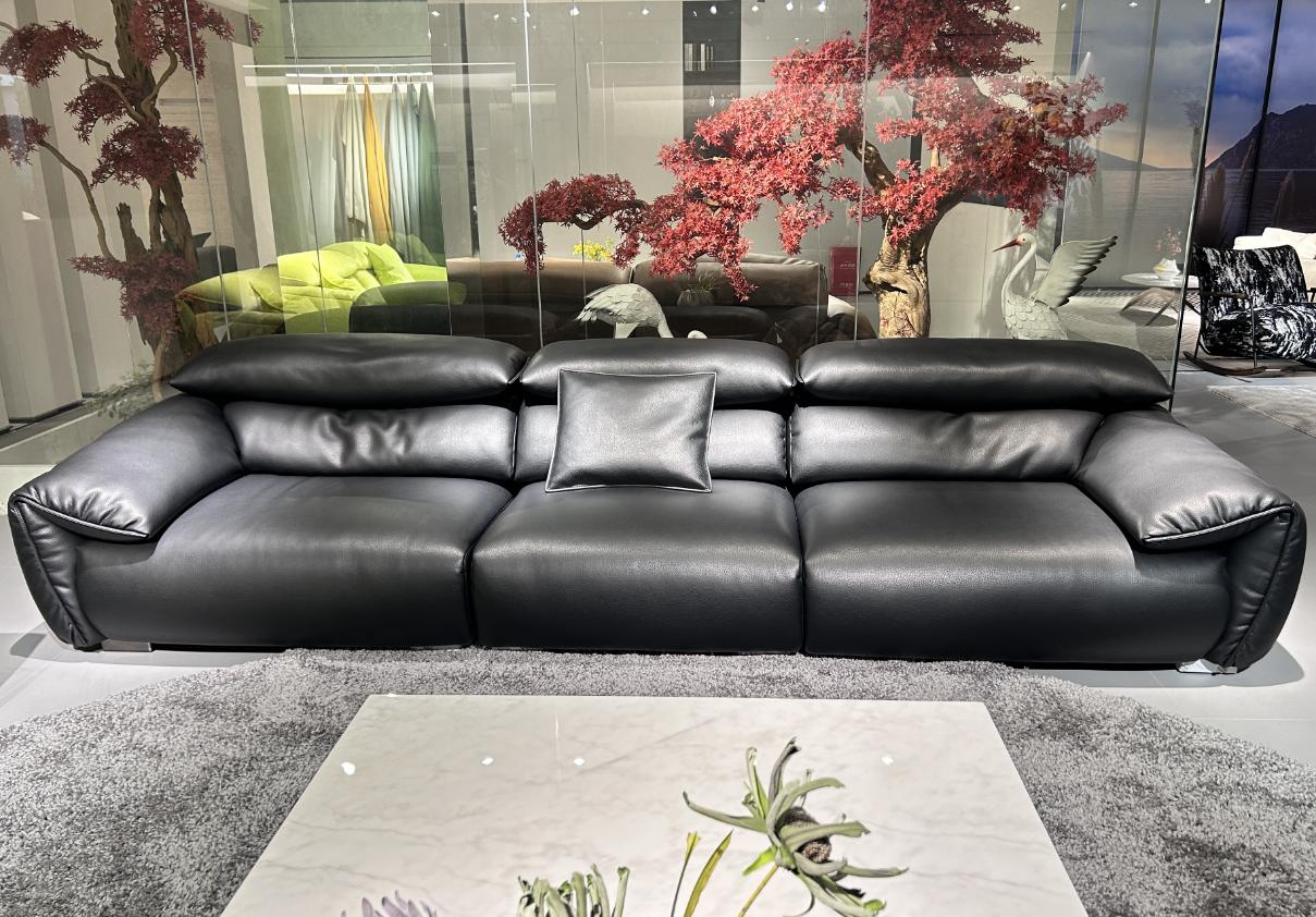 Italian minimalist full-grain leather crab-shaped sofa with full top layer cowhide upholstery arranged in a straight line