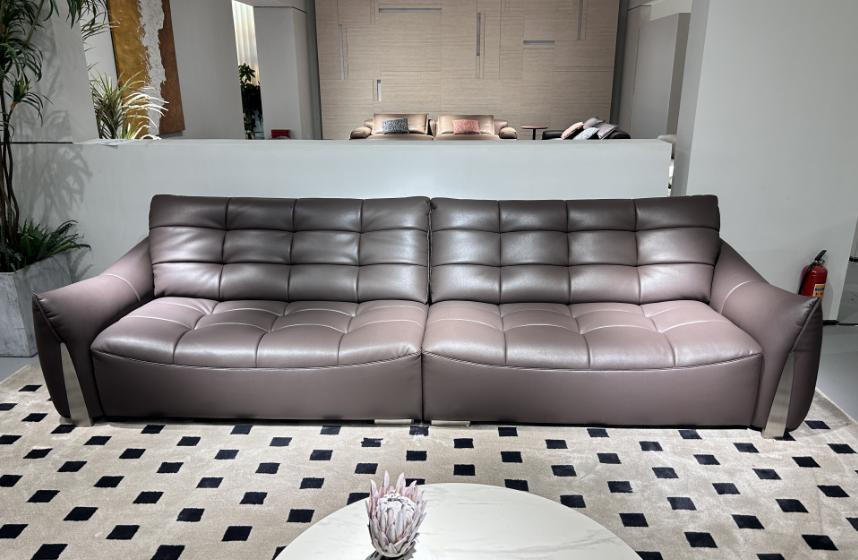 Leather sofa, top layer of yellow cowhide, straight row of seats, deep seat, modern minimalist, retro style.
