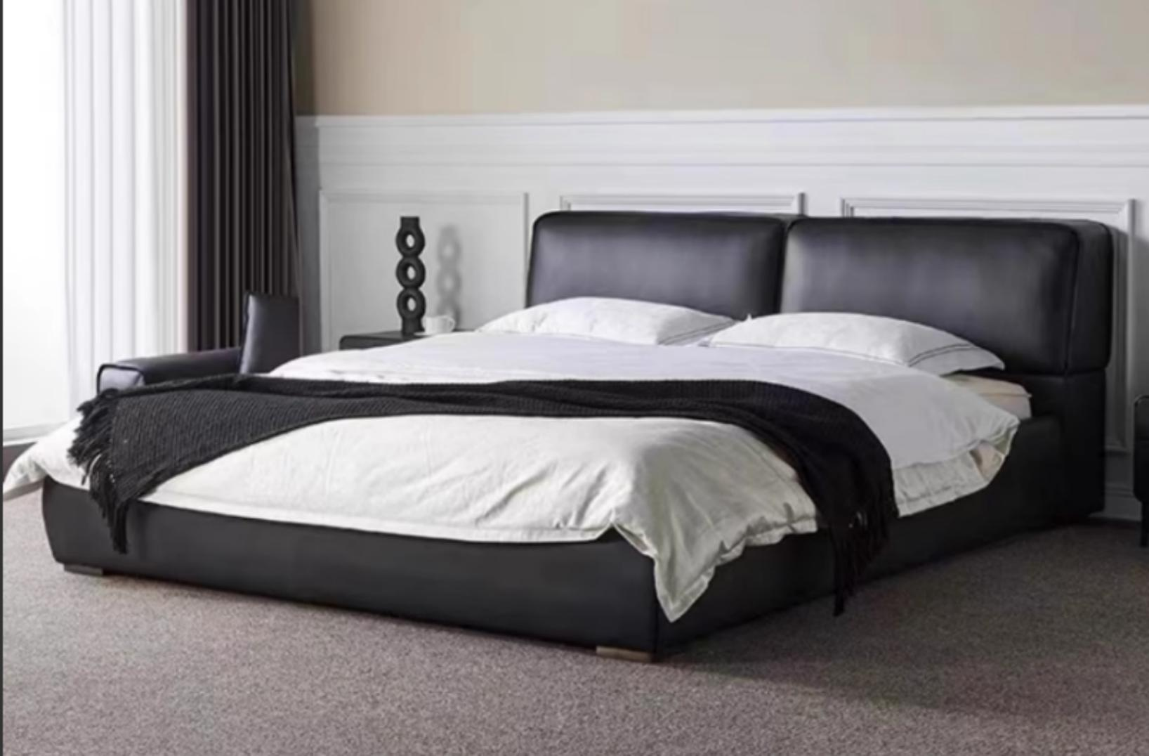 Italian minimalist leather bed - bedroom double bed with black cowhide leather (top-grain cowhide leather) headboard.