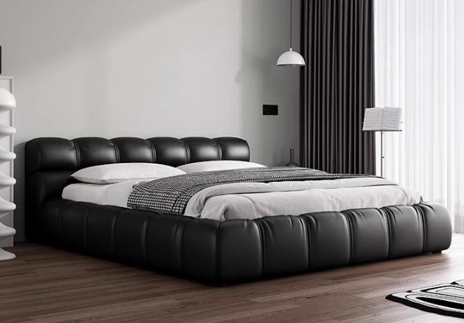 Leather bed, modern and minimalist black puff bed, Italian minimalist master bedroom large bed with storage function.