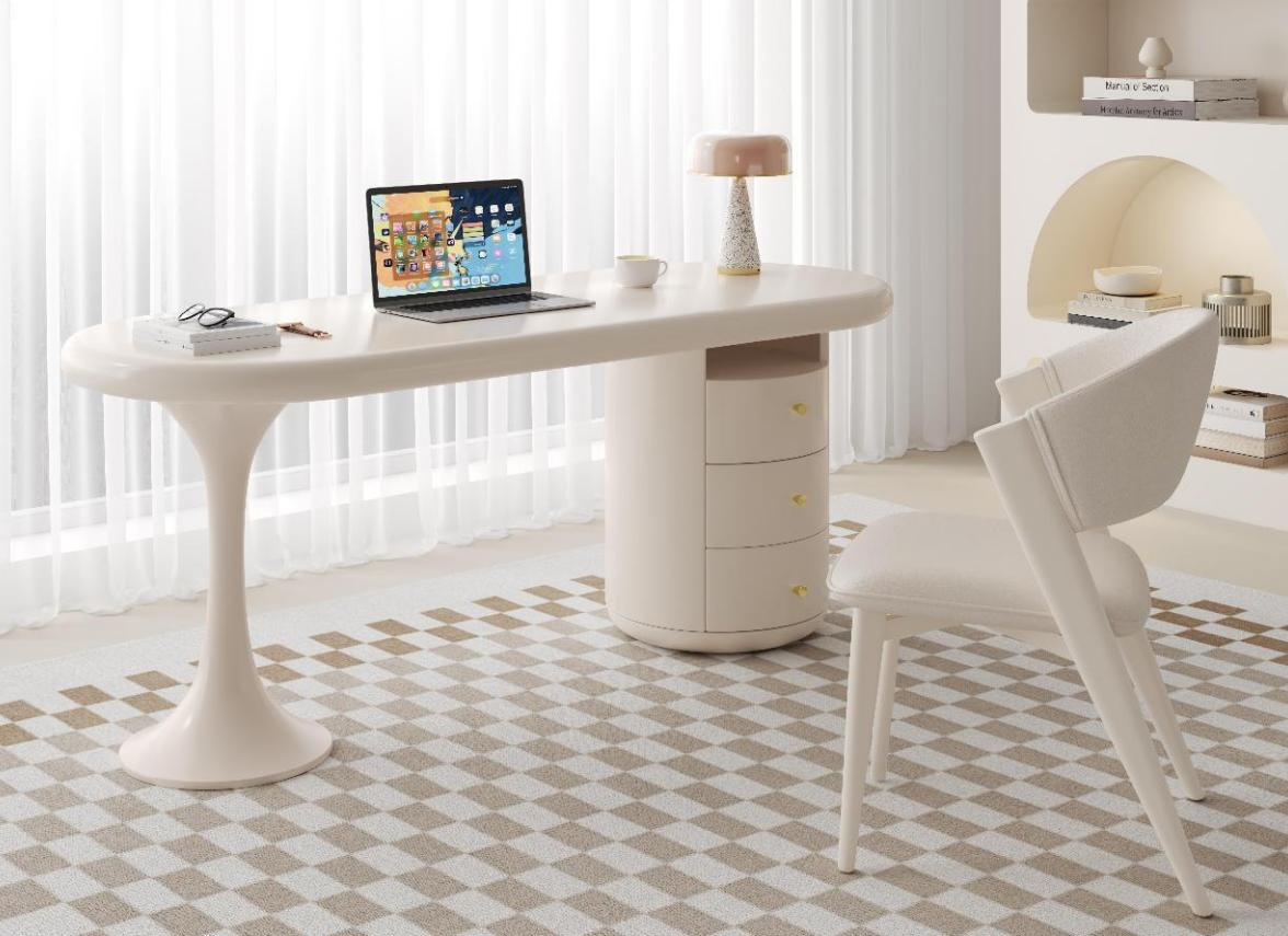 Creamy style solid wood desk for home use, French-style light luxury custom-shaped office desk, high-end computer desk with advanced features.