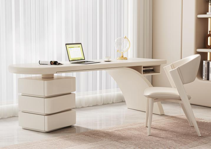 Cream-colored wooden solid surface desk for home use, bedroom writing desk, modern minimalist computer office desk.