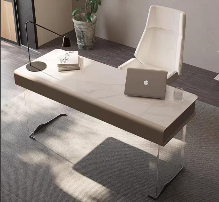 Italian-style wooden minimalist stone slab desk with acrylic floating design, featuring a high-end and sophisticated look. Suitable for office use as well as home study and computer desk.