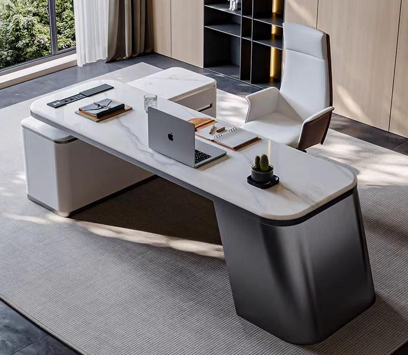 Slab-style study desk with a modern minimalist design, suitable for home use, featuring a computer workstation.
