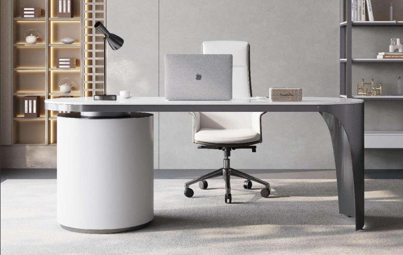 Granite slab desk, luxurious and modern home-use bedroom and study computer desk, high-end stainless steel, Wabi-Sabi style, simple and elegant office desk.