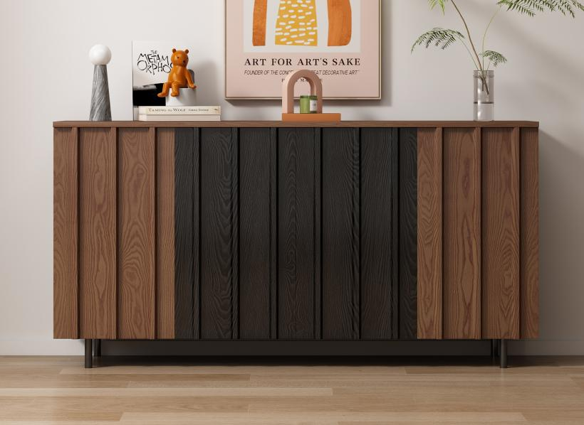 Solid wood sideboard for the living room with ancient-style decoration, placed against the wall as a sideboard.