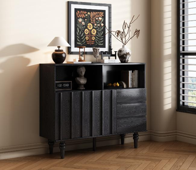 French-style retro high-end black sideboard, antique-style wall-mounted storage cabinet and decorative cabinet for storage.