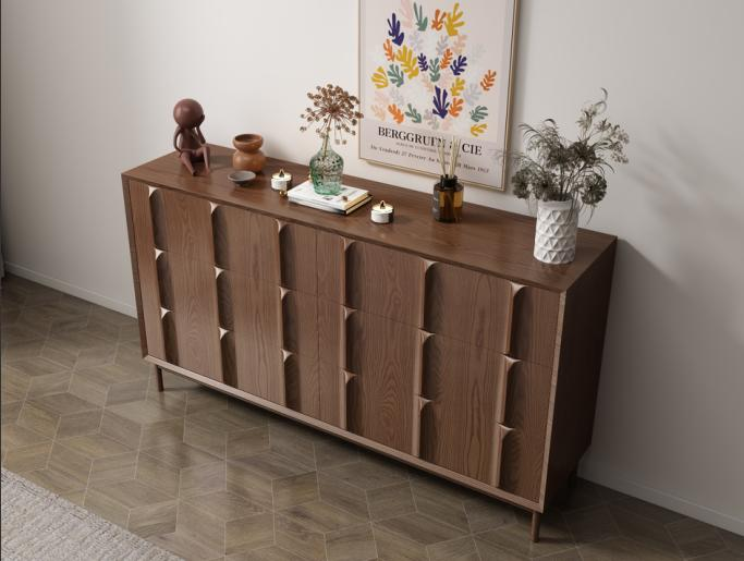 Medieval-style solid wood sideboard and cupboards with retro and minimalist decoration for a rustic and timeless look.