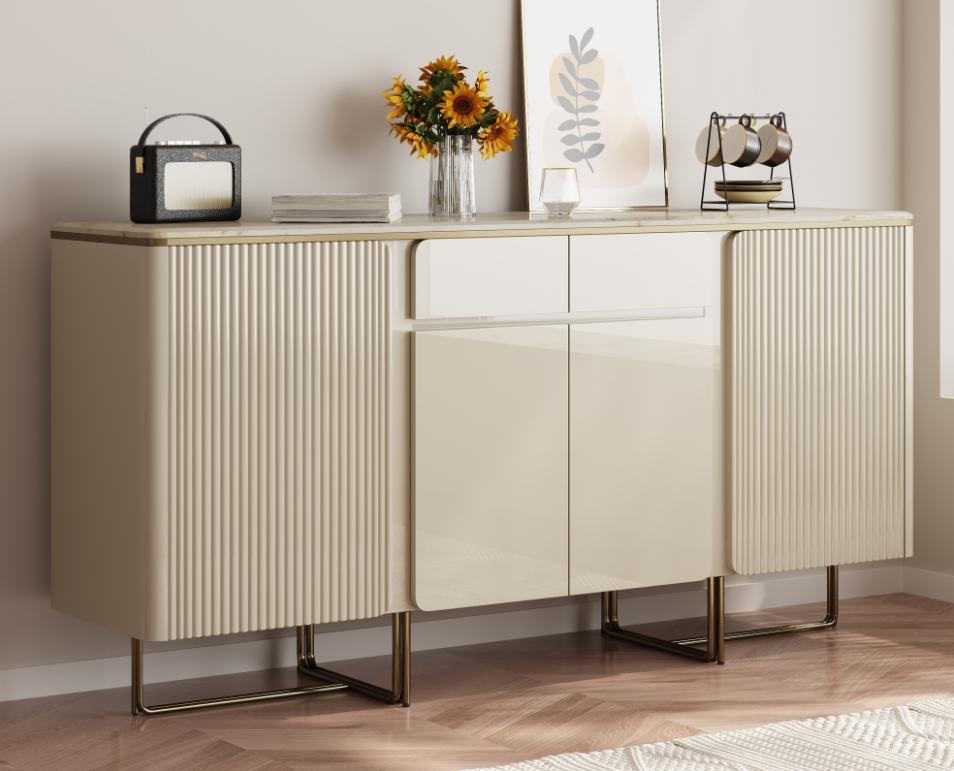 Luxury-lite style solid wood multi-layered sideboard with French cream-colored decorative cabinet.