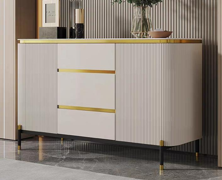 Modern minimalist luxury sideboard for home use, integrated with wall-mounted high cabinet, featuring granite slab storage space.