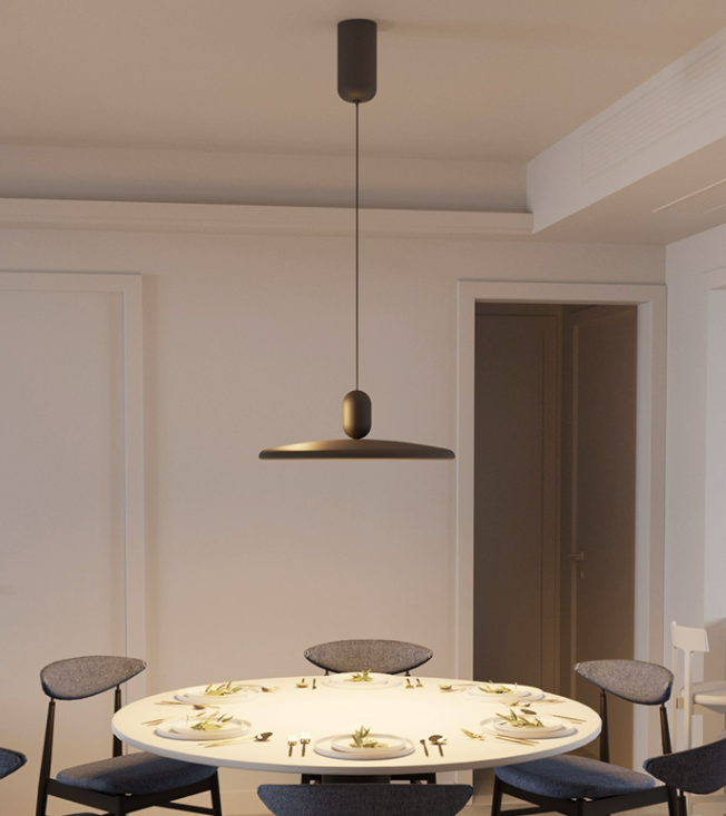 The pendant lamp of the rocker dining table is minimalist and modern, resembling a UFO table. It is an art piece with an advanced sense and can be moved. It is a high-end lamp.