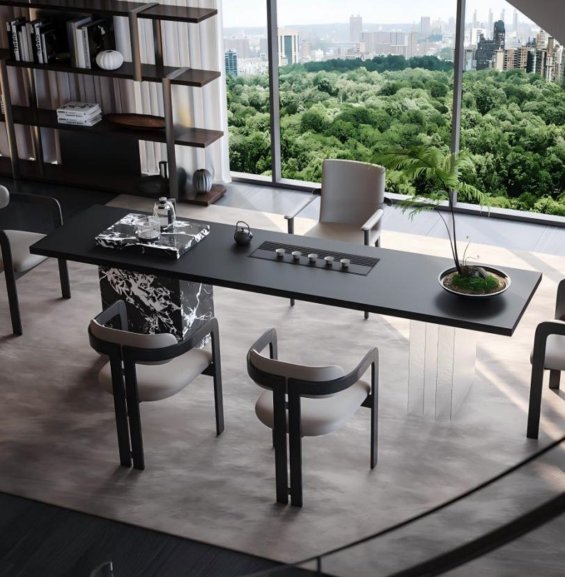 Luxury-modern stone slab tea table, high-end acrylic suspended tea-making table, high-grade water-boiling kettle integrated office tea table and chair set