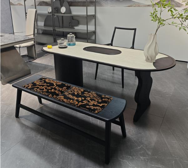 Vintage Bulgari marble dining table and chairs with light luxury and oval-shaped solid wood construction.
