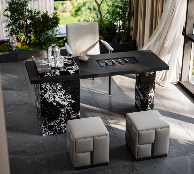 Luxury-lite engineered stone tea table, high-end new model tea table, modern integrated kettle for boiling water