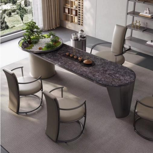 Luxury-lite stone slab tea table for brewing tea and boiling water. Modern minimalist villa-style tea table.