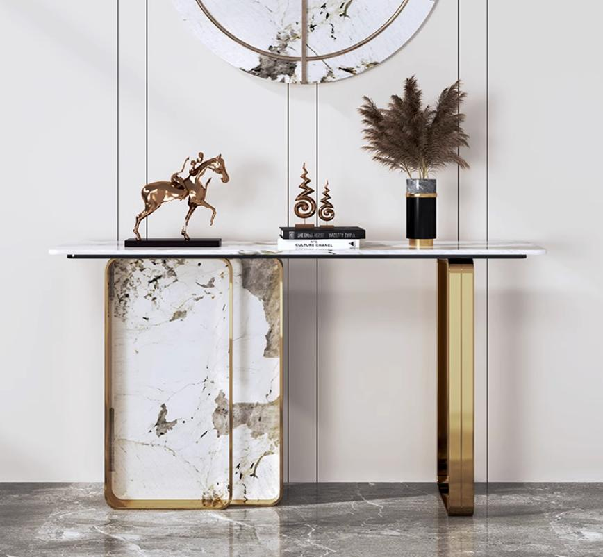 Luxury and high-end natural stone countertop for the entrance hall, directly facing the door, with a decorative wall-mounted cabinet for the entrance hall.