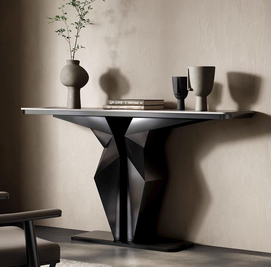 Luxury and high-end minimalist entrance table for modern living room, featuring creative Italian-style entrance design, with the countertop made of natural stone directly against the wall, facing the door.