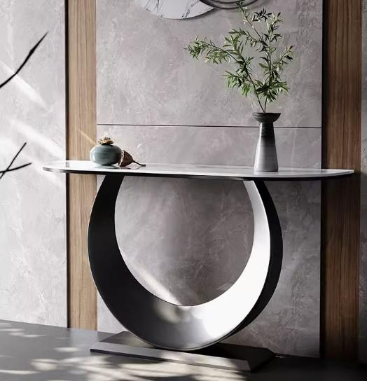 Wall panel entrance table, end vanity, entrance cabinet, modern minimalist and luxurious style living room, narrow table and console against the wall.