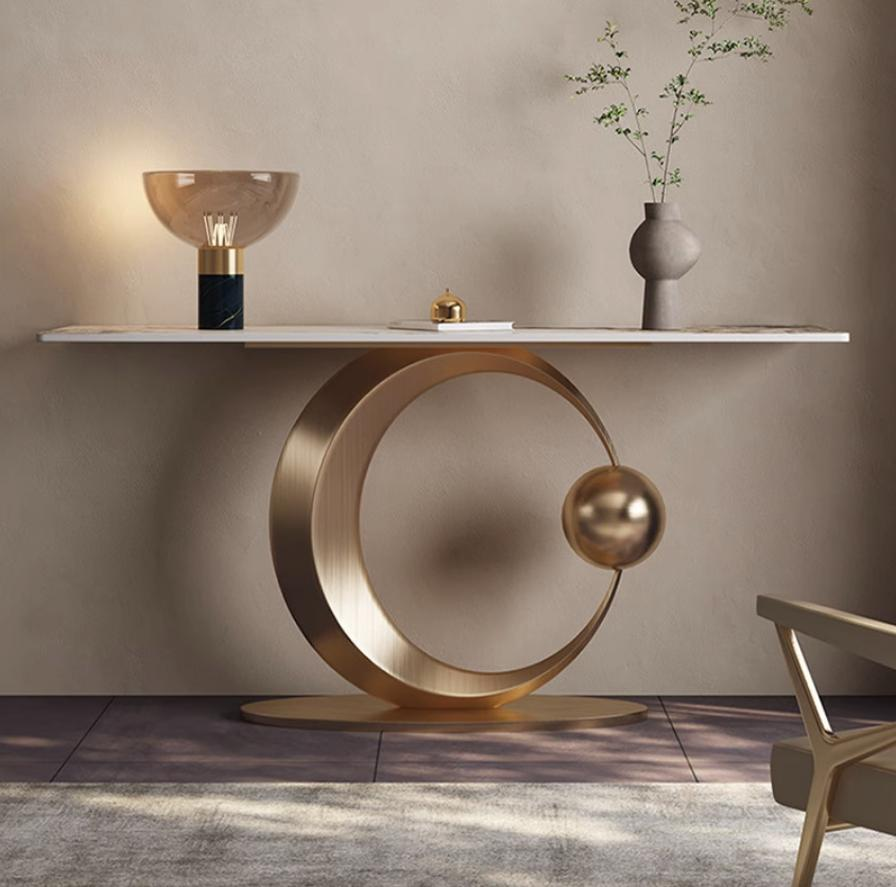Light luxury crescent-shaped granite countertop for entrance table, home light luxury entrance counter assembly viewing platform against the wall decoration and placement.