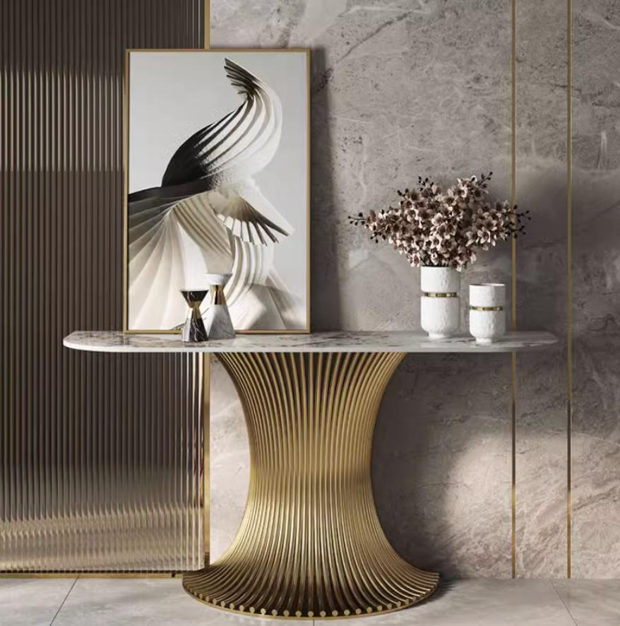 Light luxury entrance table, facing the foyer entrance, directly opposite the foyer entrance cabinet, against the wall. The entrance table is located in the living room of the villa, as a focal point.