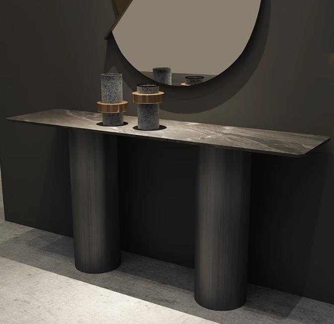 Entryway table for light luxury style, wall-mounted stainless steel console table in the living room hallway, granite countertop in the entrance area.