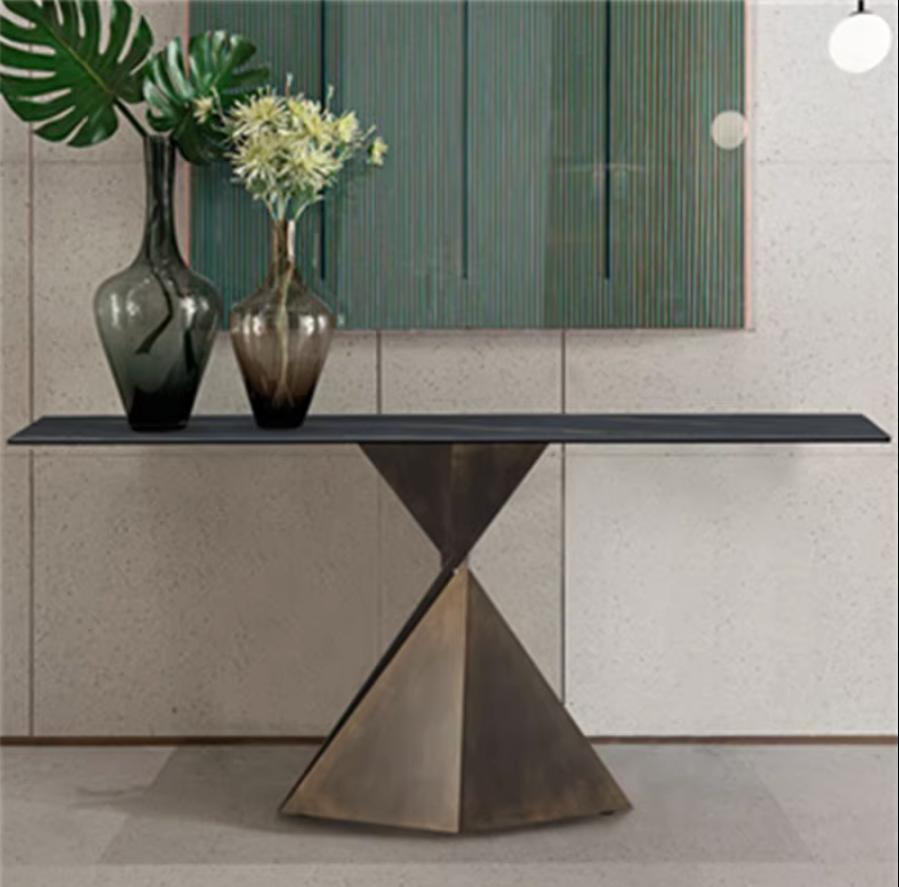 Quartz countertop entrance cabinet with irregularly shaped antique copper-colored countertop, minimalist home storage rack, entrance hall foyer entrance cabinet