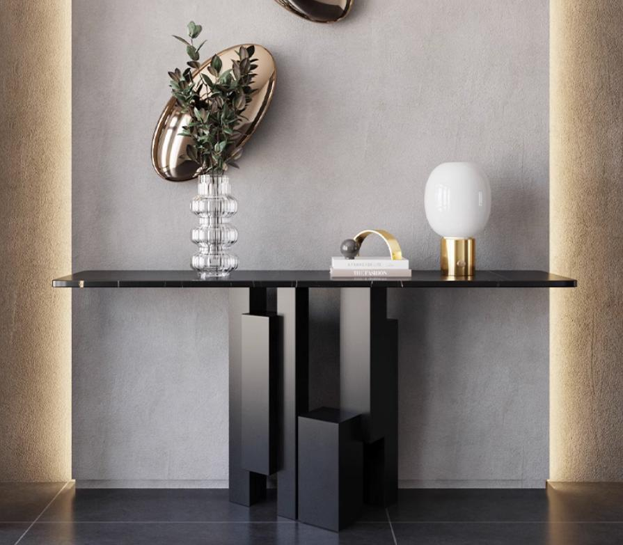Luxury-lite metal entrance table, modern minimalist granite slab end table, strip table for the minimalist entrance foyer.