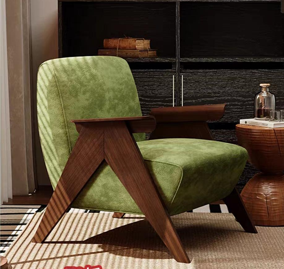 Mid-century casual single sofa chair for the living room balcony with a rustic and timeless wooden style, featuring a retro look.