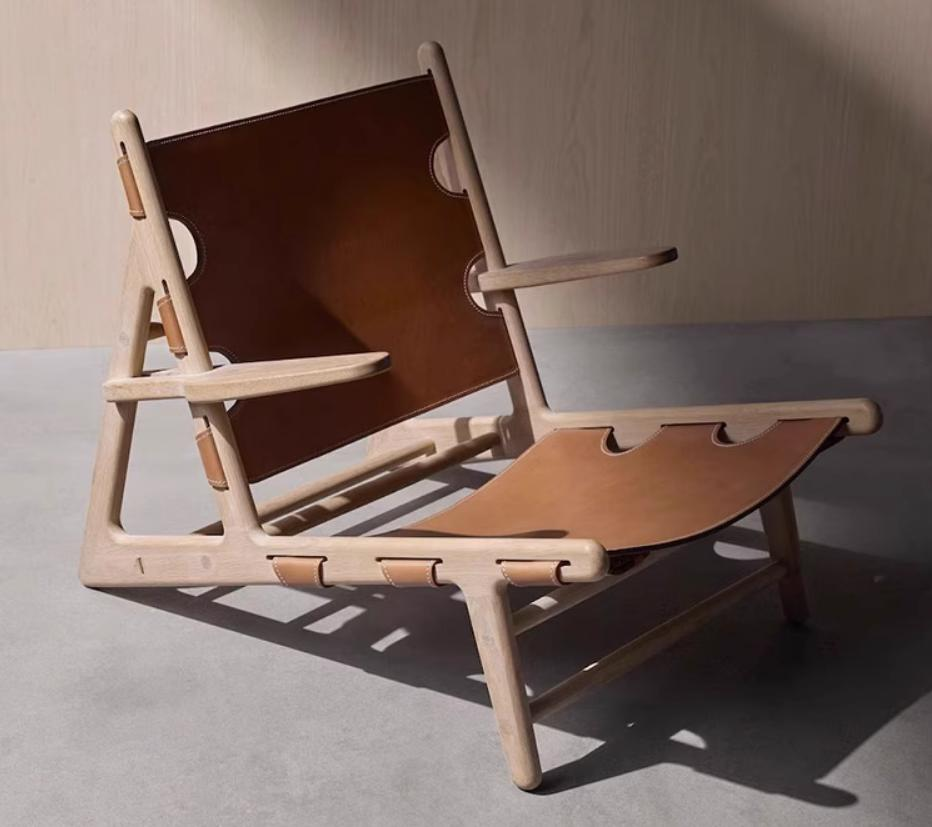 L-shaped single-person sofa chair, hunting chair, balcony leisure chair, saddle leather wooden handmade chair