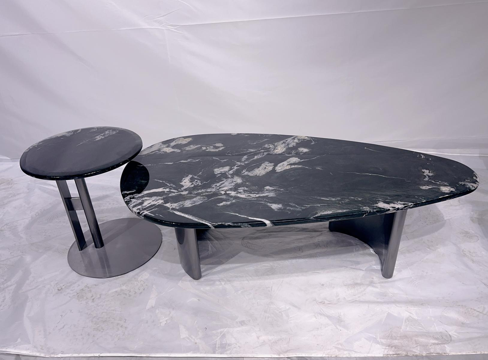 Minimalist style black forest natural marble irregular triangular coffee table with white waxwood black feet