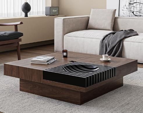 Black walnut wood color coffee table with storage function, square solid wood coffee table, simple and elegant living room table, suitable for home use.