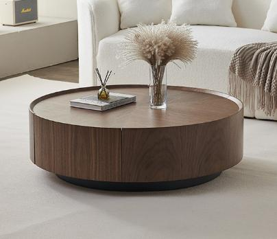 A modern light luxury small-sized round living room coffee table set in a retro medieval style made of walnut wood.