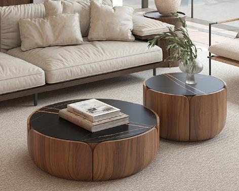 Minimalist walnut veneer coffee table for living room, home use, circular petal creative combination art, simple and modern style.