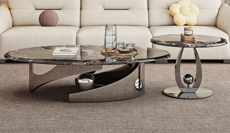 Minimalist Microcrystalline Stone Oval Coffee Table for a Simple Living Room, Stainless Steel Metal Creative Small Tea Table with Circular Side Panels