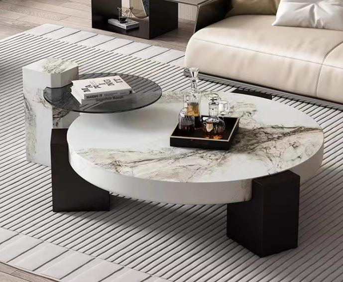 Natural marble coffee table for living room, suitable for home use in small-sized rooms, light luxury style, round shape, high-end French design, new model.