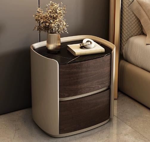 Solid wood bedside table for home, minimalist bedside cabinet, saddle leather painted storage cabinet, luxurious round and square side cabinet