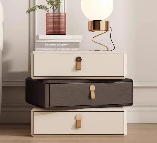 Painted lacquer bedside cabinet, glass acrylic saddle leather bedside table and chest of drawers