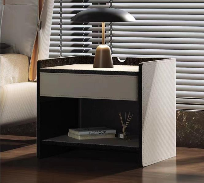 Zen-style bedside table made of black walnut with horse-shoe leather finish, featuring large capacity storage space, high-end and minimalist design, single drawer cabinet.