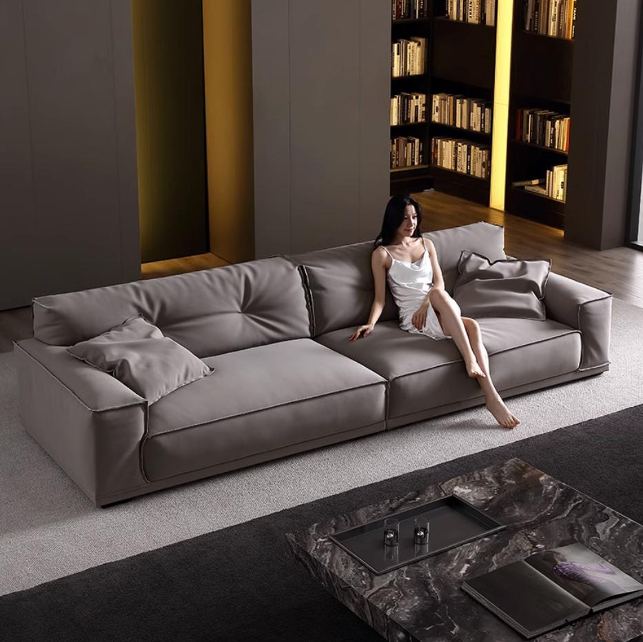 Modern minimalist silicone-coated leather sofa, luxurious faux brick sofa, ultra-deep sitting width straight row sofa.