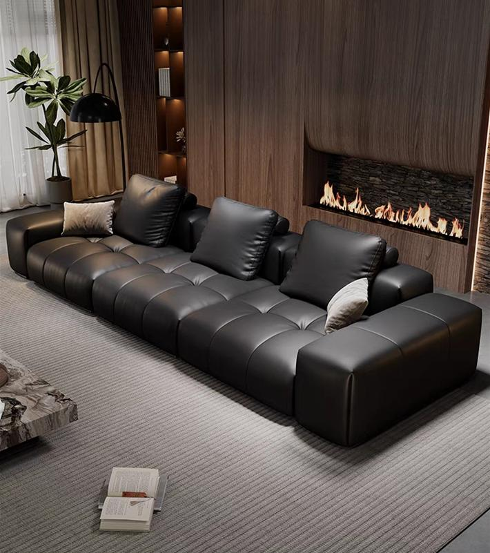 The minimalist and luxurious head-layered leather sofa with wide and compact design for small-sized living rooms, featuring a straight-line pixel module layout.