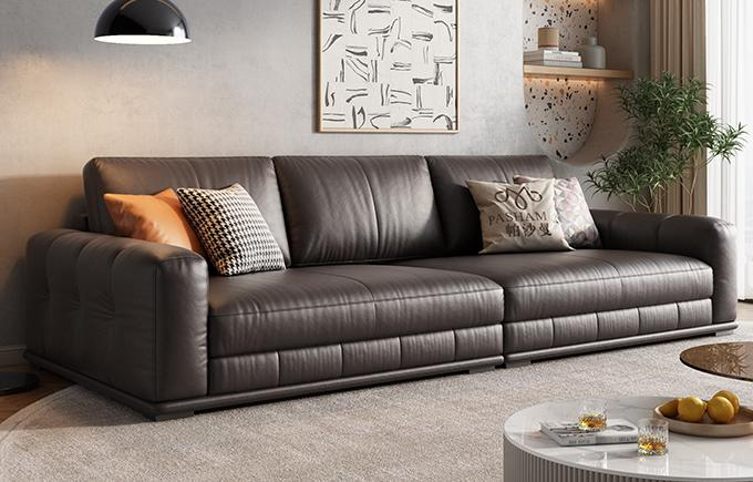Ultra-minimalist genuine leather sofa with straight row design, featuring Blaze top-grain cowhide fabric, is suitable for the modern luxury large flat-level living room.