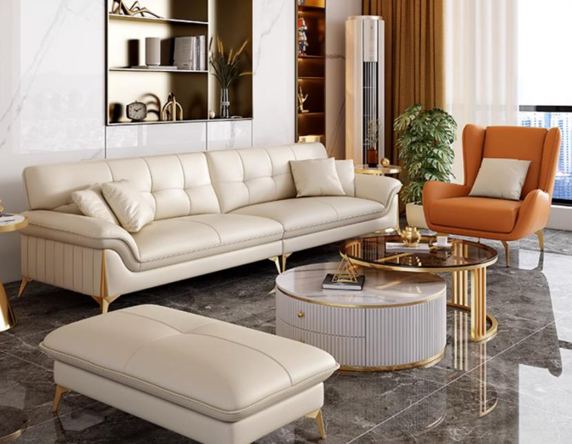 Leather sofa, top layer of cowhide, modern and luxurious style, small-sized apartment living room, straight-line combination, minimalist leather sofa