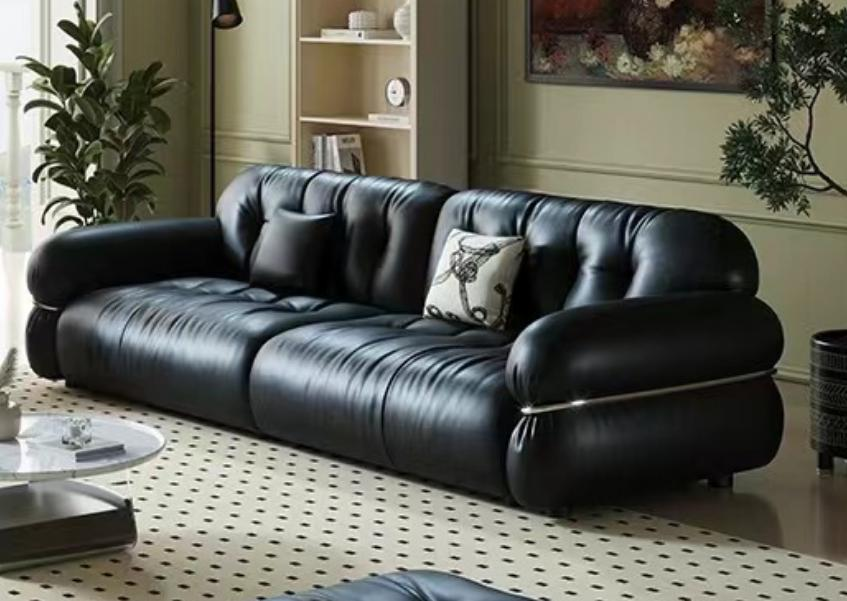 Leather sofa for the living room, French style, retro minimalist, vintage black leather sofa