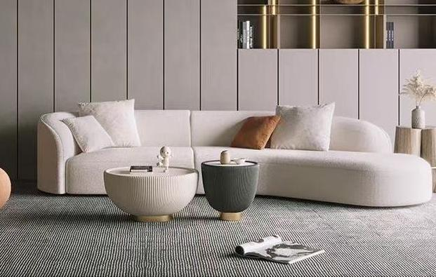 Luxury-lite technology fabric moon arc-shaped sofa art, simple and modern design for small-sized living room, featuring sheepskin plush fabric.