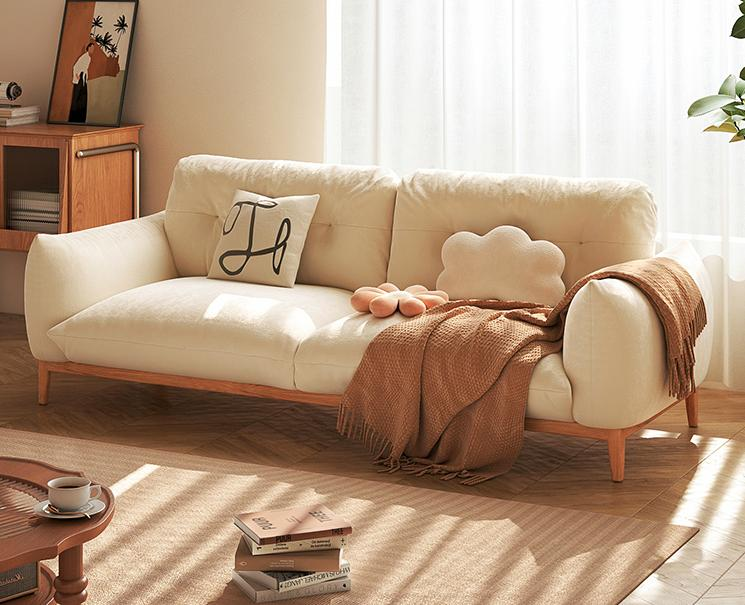 Zen-Buddhist style three-seater sofa, simple and elegant solid wood sofa for small living space, white waxwood sofa with retro style.