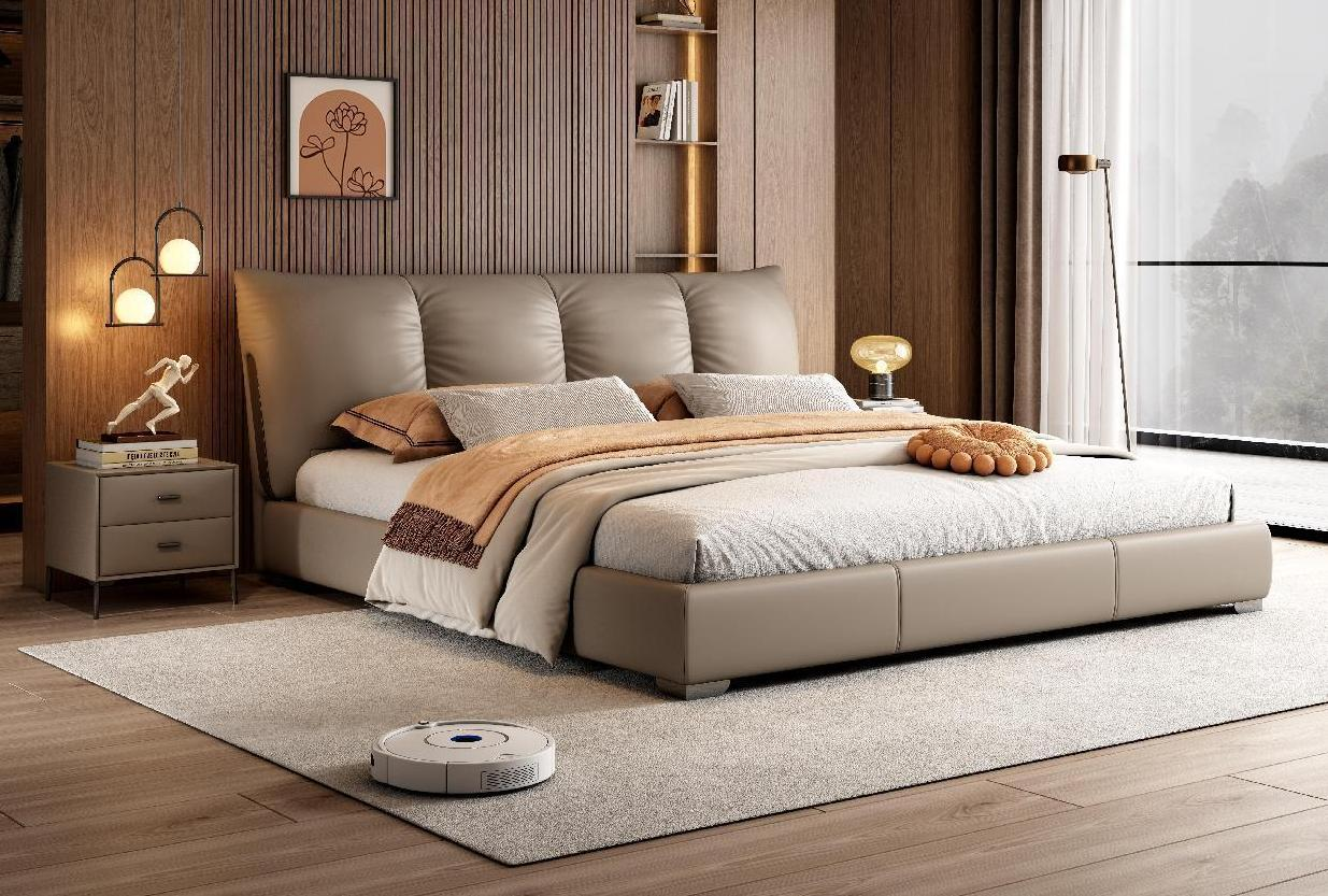 Minimalist genuine leather bed, modern minimalist master bedroom soft-padded bed with luxury touch.