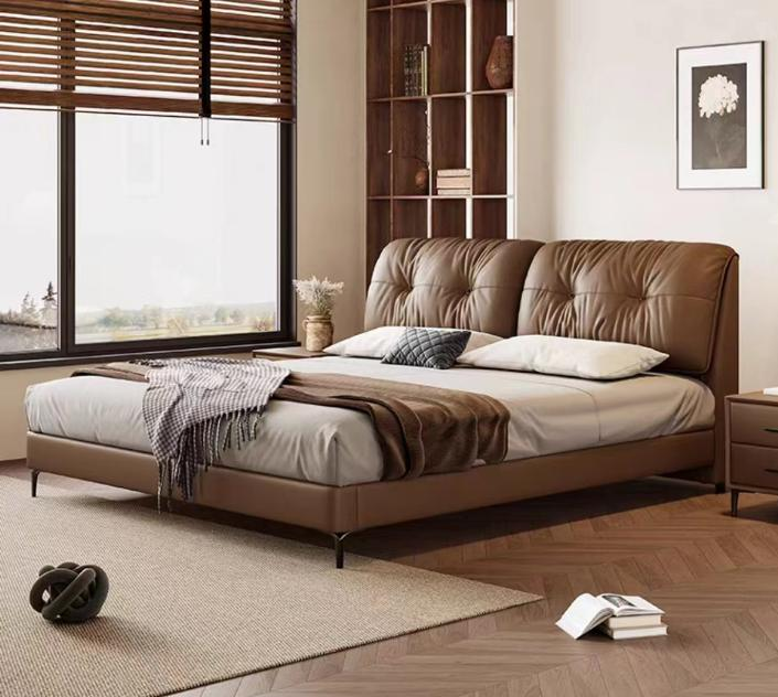 Leather Bed - Simple and Modern Master Bedroom Double Bed with Minimalist Top-grain Cowhide Soft-Padded Covering for Luxury Style