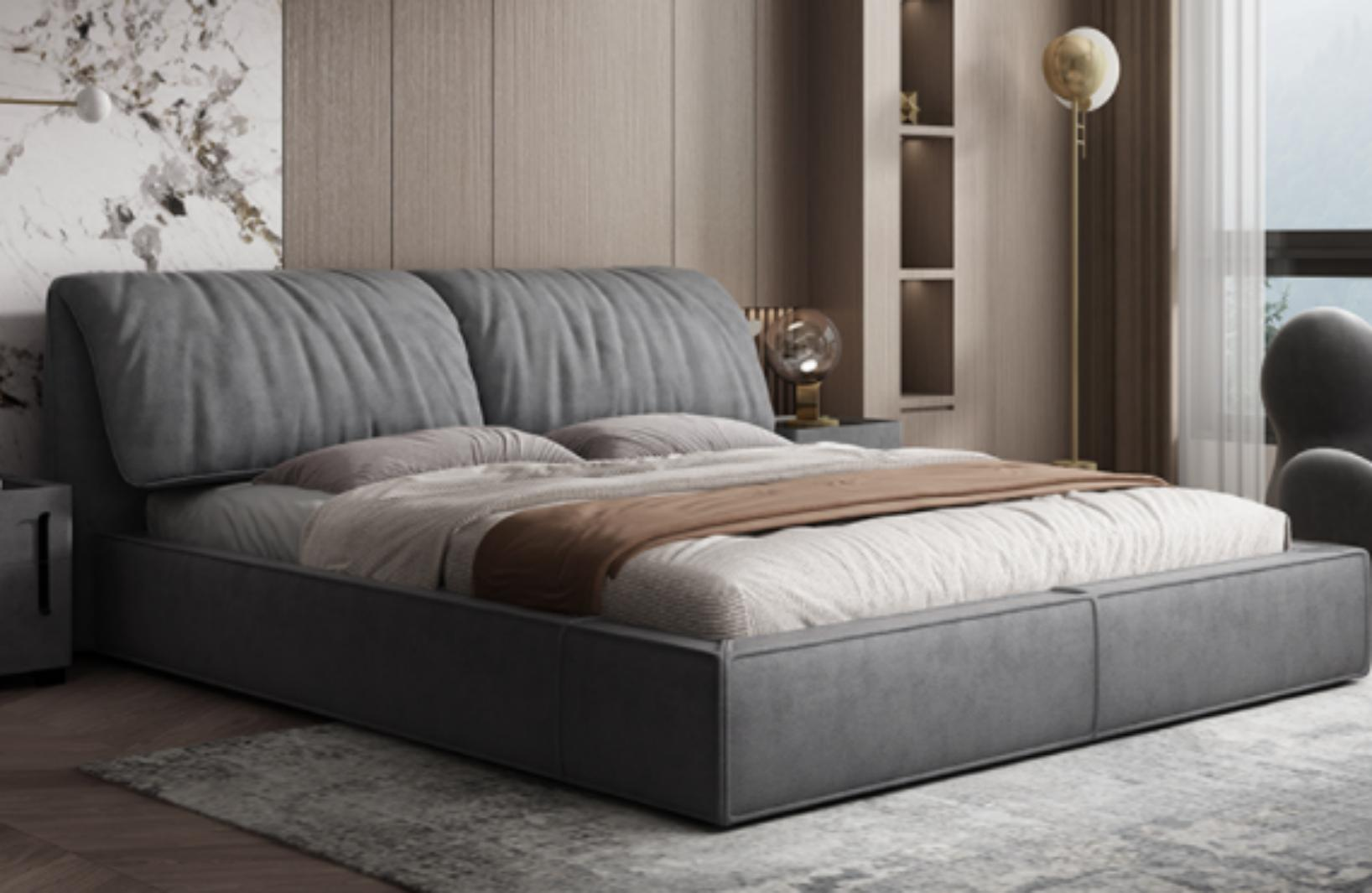 Luxury-lite style elephant-ear-shaped soft fabric upholstered bed with storage compartments for a minimalist soft furniture setup in a master bedroom.