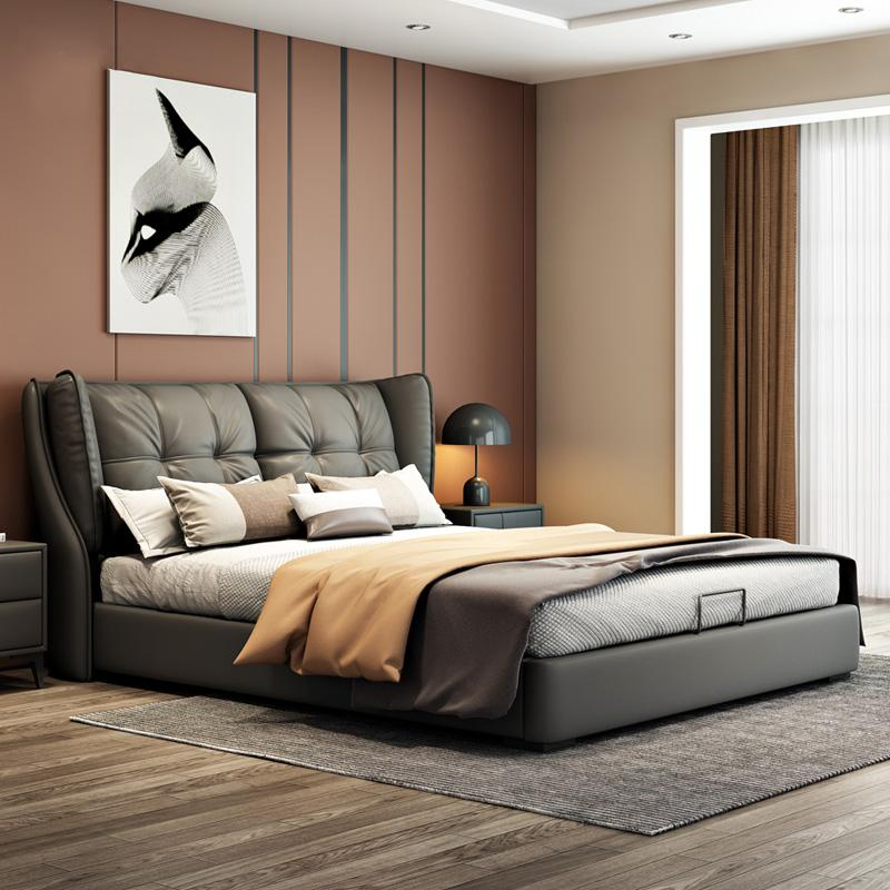 Minimalist genuine leather bed, a trendy double bed for the main bedroom of a home, featuring simple and elegant luxury style.