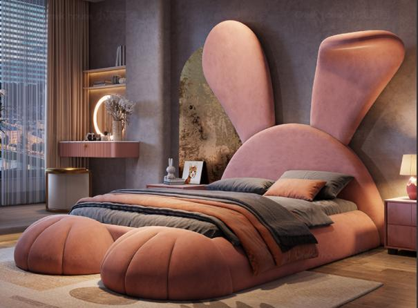 Luxury-lite children's pink princess bed with cartoon rabbit, modern minimalist multi-functional girl's bed, fabric and wood furniture bed.